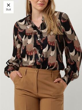 Summum Abstract Peacock Blouse. High ruffled collar. Art deco inspired. Sz 40